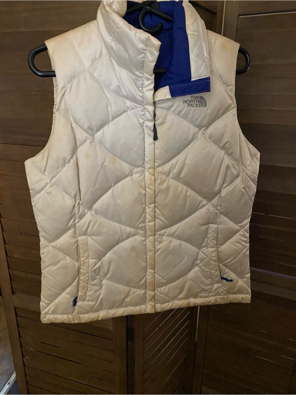 The North Face Cream Quilted Vest with Blue Trim